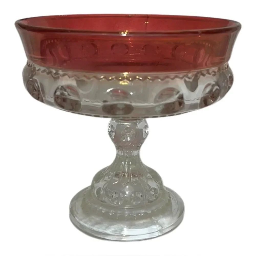 King's Crown Ruby Red Glass Thumbprint Footed Bowl Candy Dish Vintage
